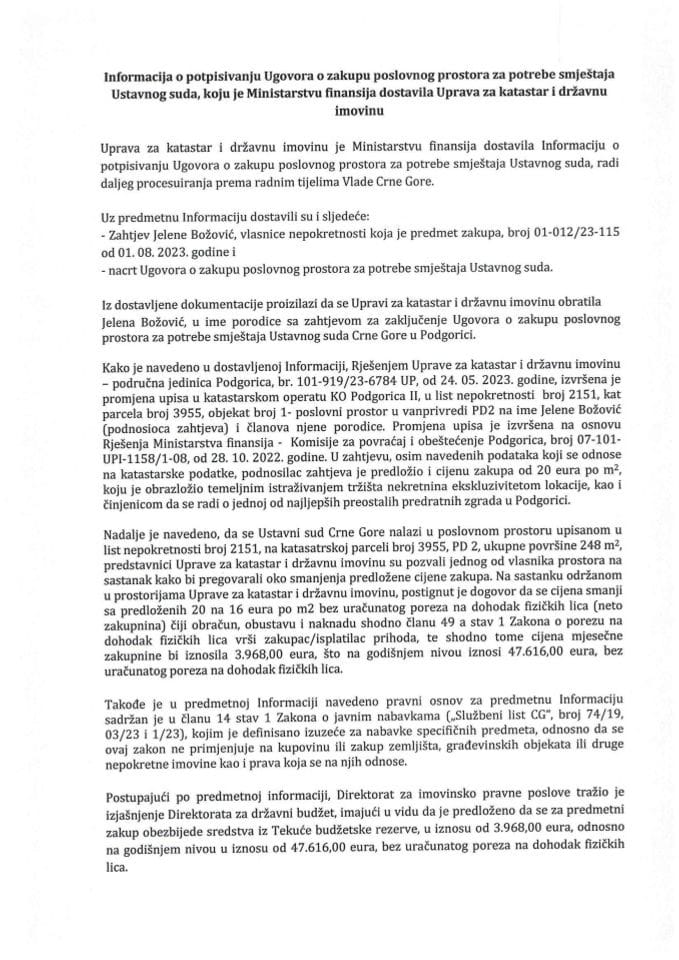 Информација о потписивању Уговора о закупу пословног простора за потребе смјештаја Уставног суда Црне Горе с Предлогом уговора о закупу пословног простора