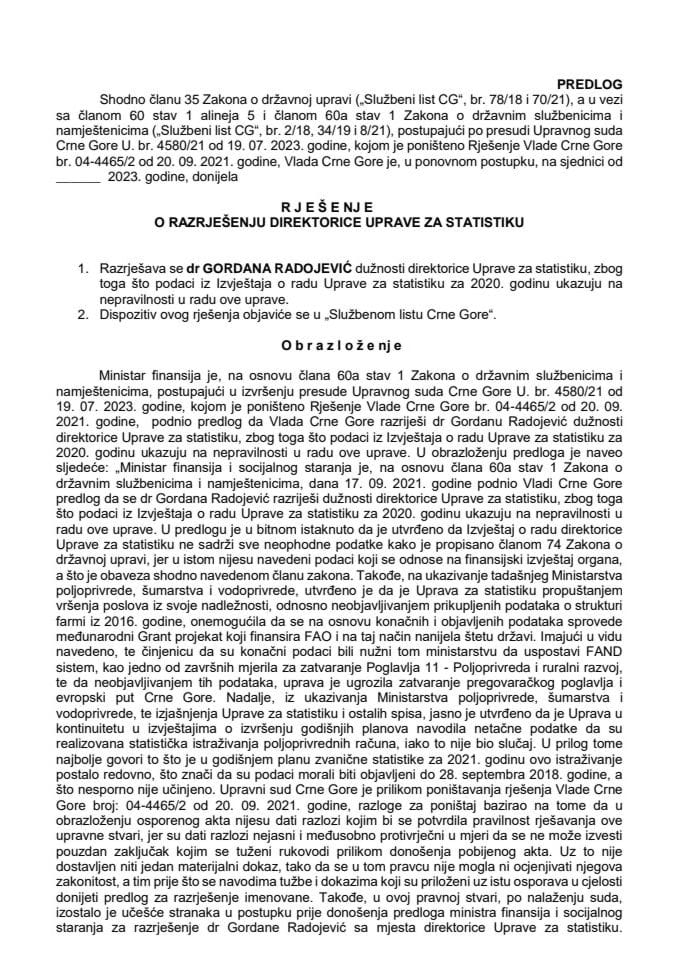 Предлог за разрјешење директорице Управе за статистику