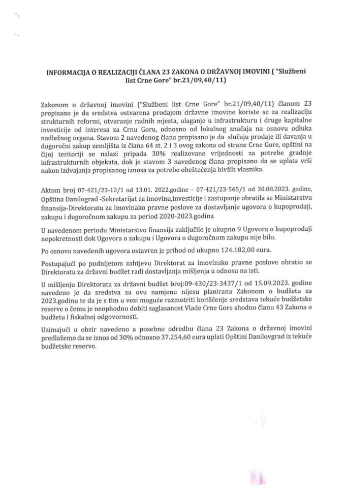 Информација о реализацији члана 23 Закона о државној имовини („Службени лист ЦГ“, бр. 21/09 и 40/11) (без расправе)