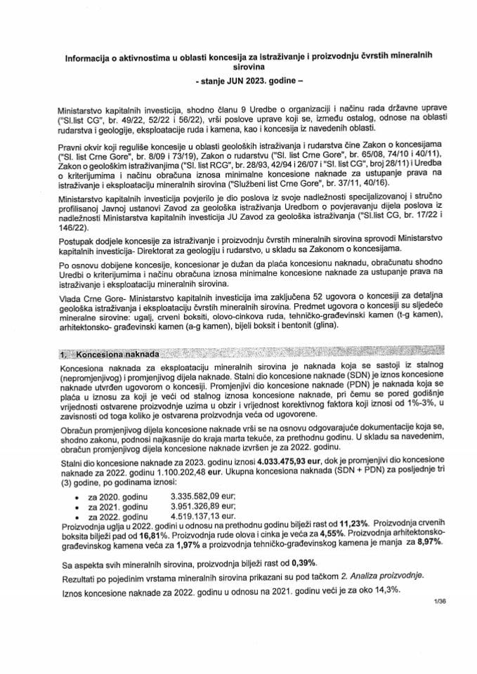 Информација о активностима у области концесија за истраживање и производњу чврстих минералних сировина (без расправе)