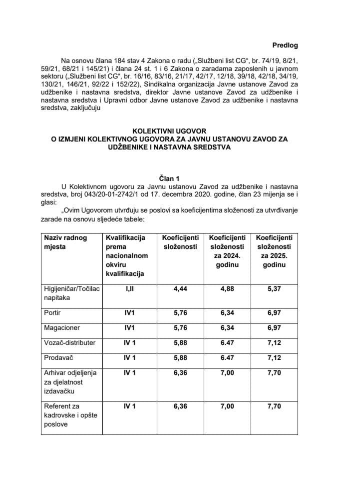 Predlog kolektivnog ugovora o izmjeni Kolektivnog ugovora za Javnu ustanovu Zavod za udžbenike i nastavna sredstva (bez rasprave)