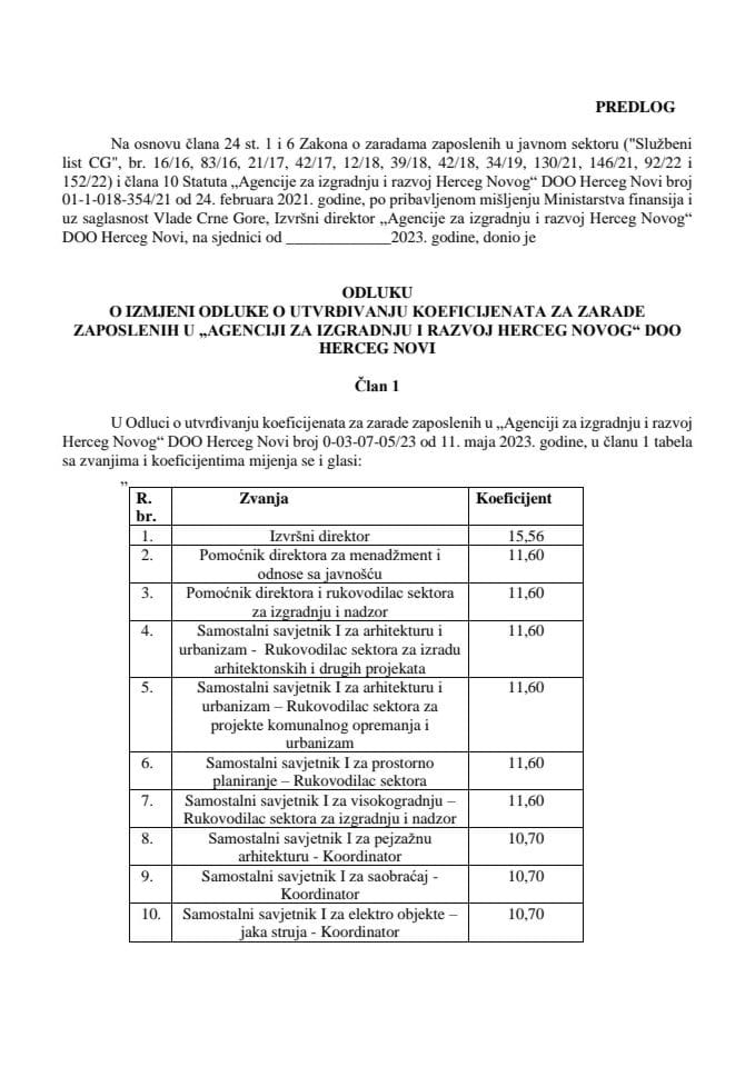 Предлог одлуке о измјени Одлуке о утврђивању коефицијената за зараде запослених у „Агенцији за изградњу и развој Херцег Новог“ ДОО Херцег Нови (без расправе)