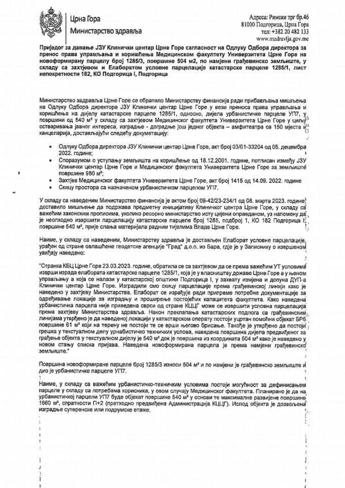 Предог за давање сагласности ЈЗУ Клинички центар Црне Горе на Одлуку Одбора директора за пренос права управљања и коришћења Медицинском факултету Универзитета Црне Горе на новоформирану парцелу број 1285/3, површине 504 m2 (без расправе)