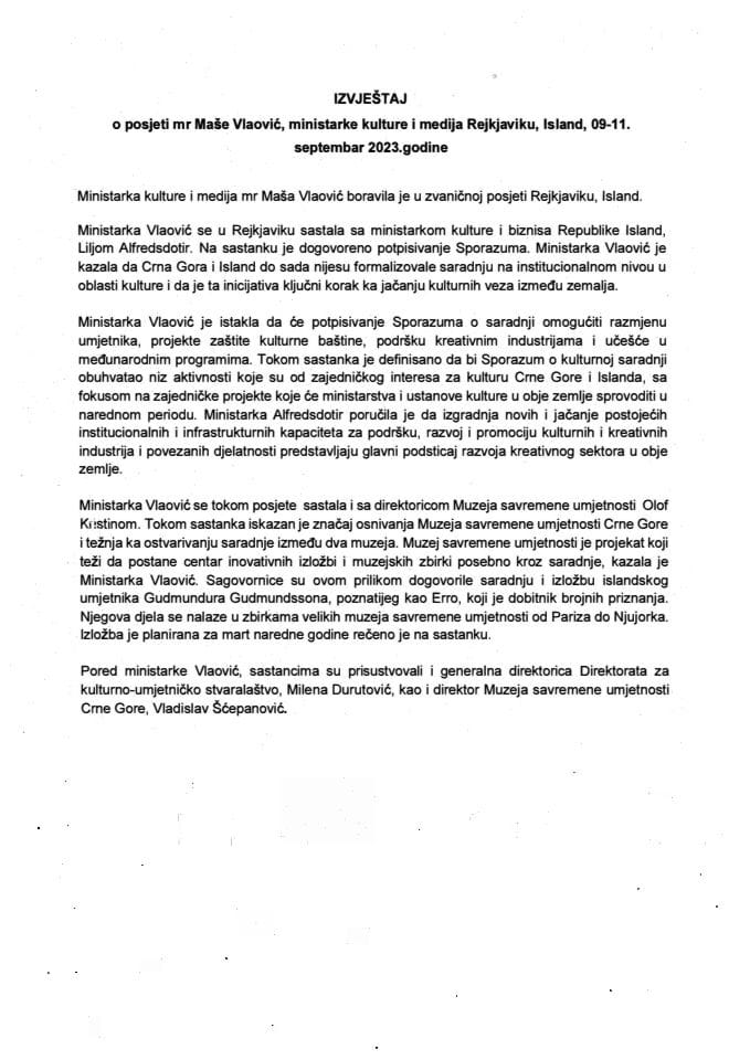 Извјештај о посјети мр Маше Влаовић, министарке културе и медија, Рејкјавику, Исланд, 9-11. септембар 2023. године