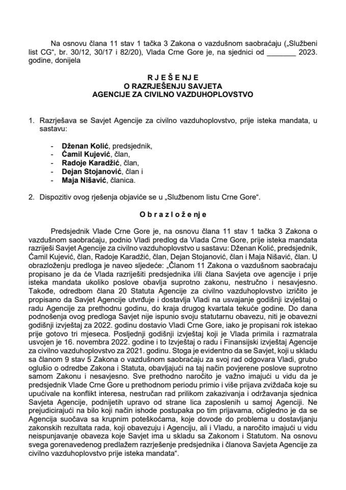 Предлог за разрјешење Савјета Агенције за цивилно ваздухопловство