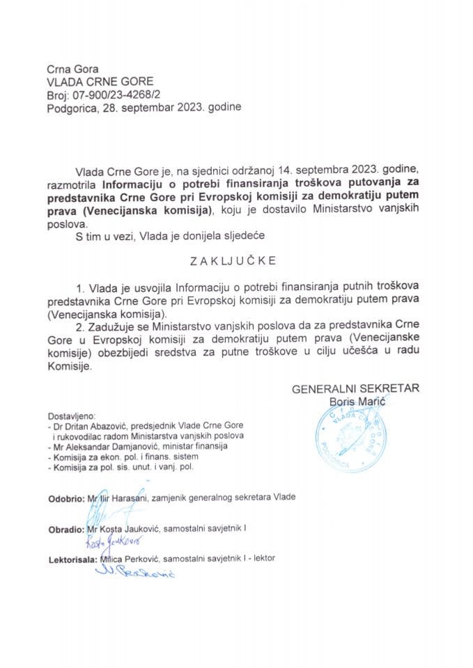 Информација о потреби финансирања трошкова путовања за представника Црне Горе при Европској комисији за демократију путем права (Венецијанска комисија) - закључци