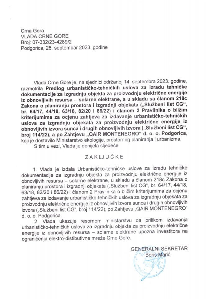 Предлог урбанистичко техничких услова за израду техничке документације за изградњу објекта за производњу електричне енергије из обновљивих ресурса - соларне електране, а по захтјеву „QAIR MONTENEGRO“ д.о.о. Подгорица - закључци