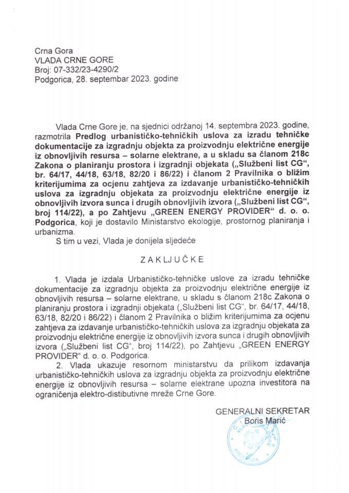 Предлог урбанистичко техничких услова за израду техничке документације за изградњу објекта за производњу електричне енергије из обновљивих ресурса - соларне електране, а по захтјеву „GREEN ENERGY PROVIDER“ д.о.о. Подгорица - закључци