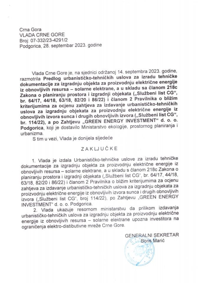 Предлог урбанистичко техничких услова за израду техничке документације за изградњу објекта за производњу електричне енергије из обновљивих ресурса - соларне електране, а по захтјеву „GREEN ENERGY INVESTMENT“ д.о.о. Подгорица - закључци