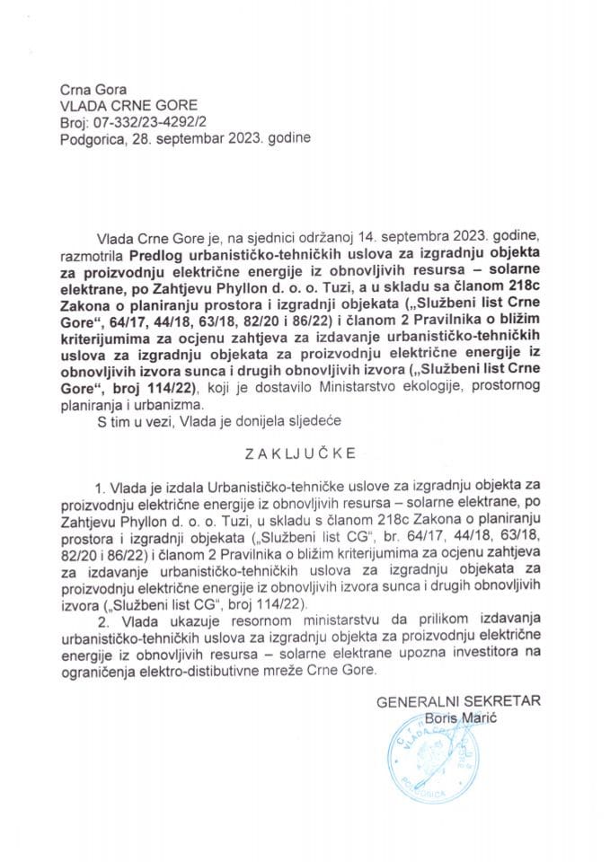 Предлог урбанистичко техничких услова за изградњу објекта за производњу ел. енергије из обновљивих ресурса - соларне електране, по захтјеву Phyllon д.о.о. Тузи а у складу са чланом 218ц Закона о планирању простора и изградњи објеката - закључци