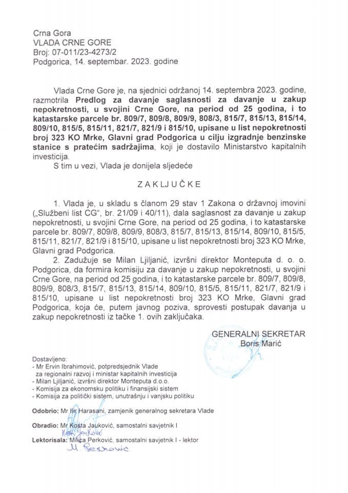 Предлог за давање сагласности за давање у закуп непокретности у својини Црне Горе, на перид од 25 година - закључци