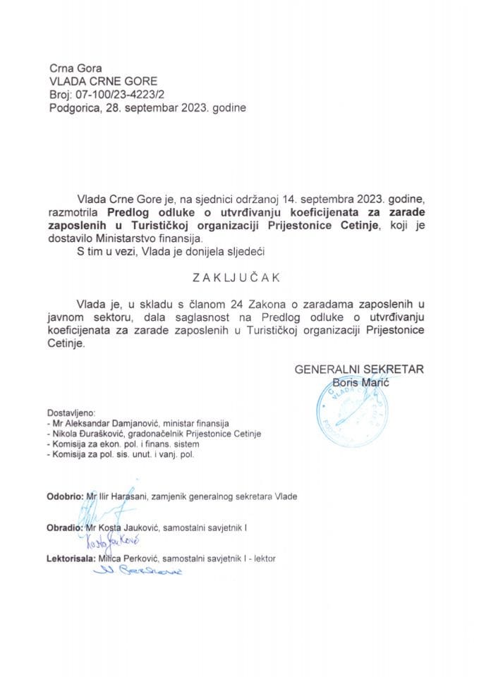 Предлог одлуке о утврђивању коефицијената за зараде запослених у Туристичкој организацији Пријестонице Цетиње - закључци