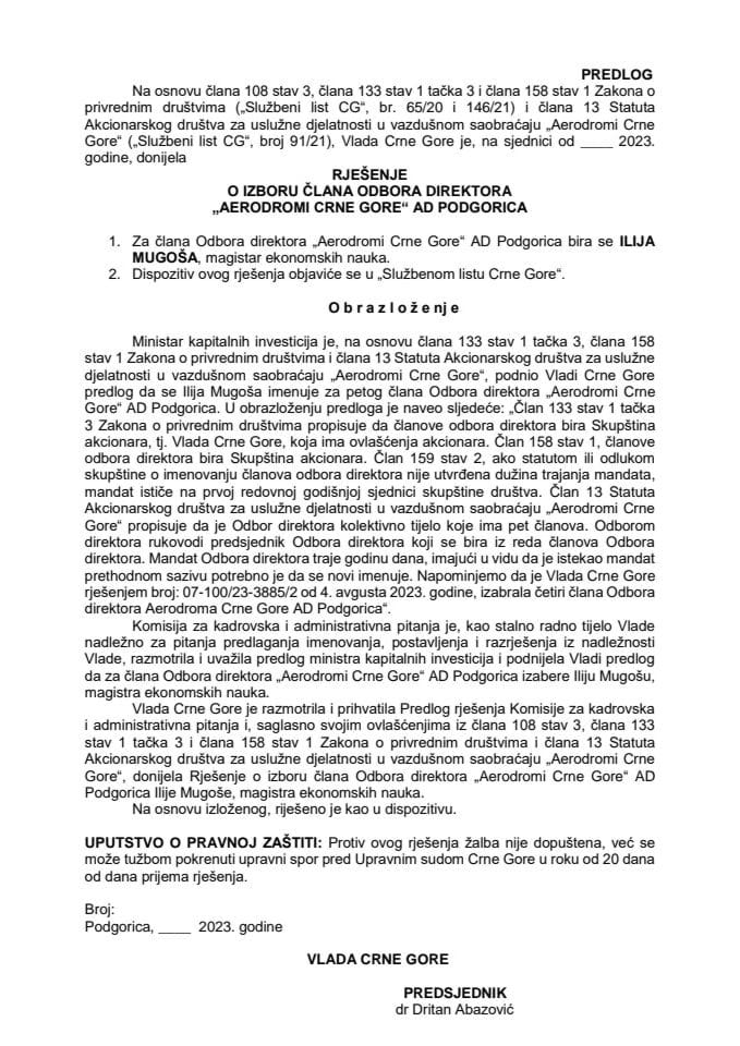 Predlog za izbor člana Odbora direktora “Aerodromi Crne Gore” AD Podgorica