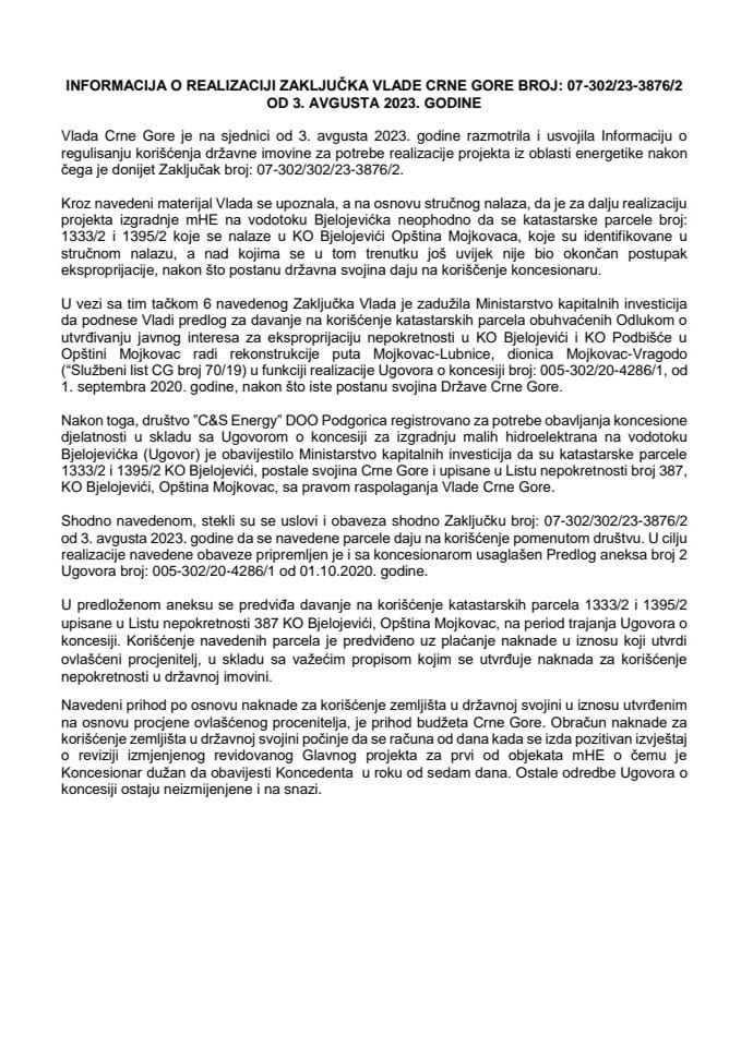 Informacija o realizaciji Zaključka Vlade Crne Gore, broj: 07-302/23-3876/2, od 3. avgusta 2023. godine sa Predlogom aneksa broj 2 Ugovora o koncesiji broj: 005-302/20-4286/1 od 01.10.2020. godine