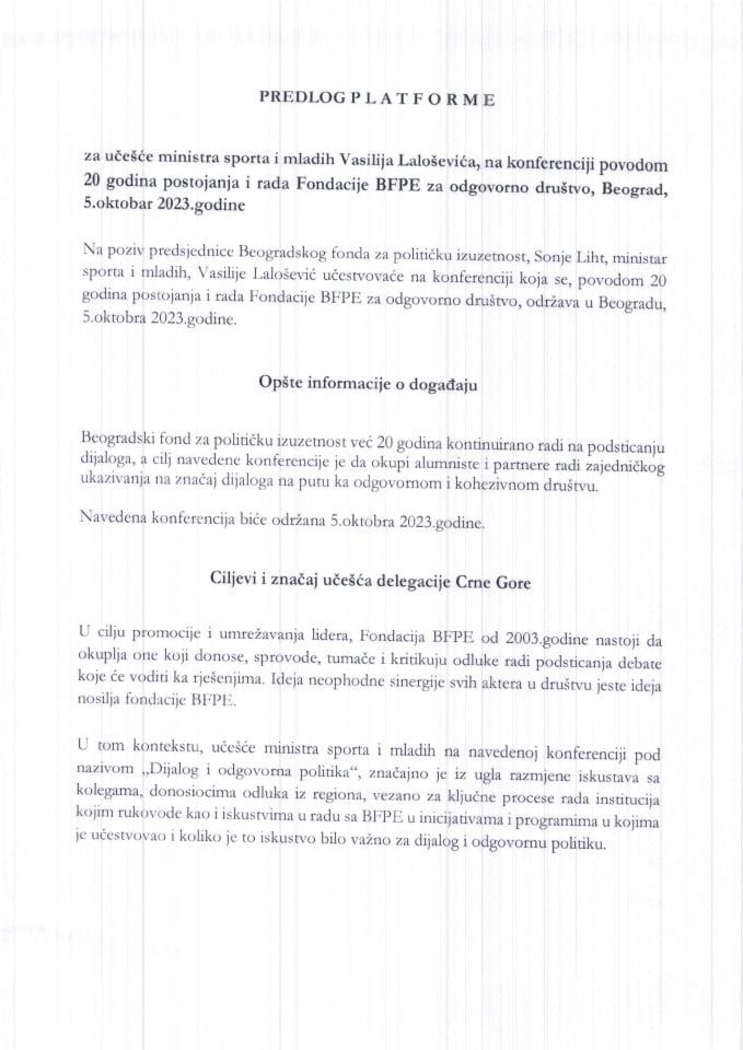 Предлог платформе за учешће министра спорта и младих Василија Лалошевића, на конференцији поводом 20 година постојања и рада Фондације BFPE за одговорно друштво, Београд, 5. октобар 2023. године