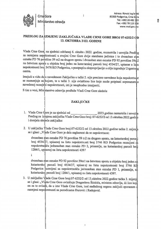 Predlog za izmjenu zaključaka Vlade Crne Gore, broj: 07-6252/2, od 13. oktobra 2022. godine, sa sjednice od 6. oktobra 2022. godine