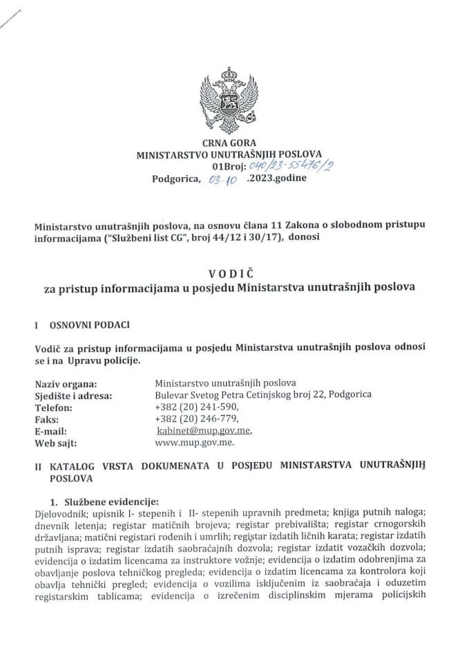 Vodič za pristup informacijama u posjedu MUP-a