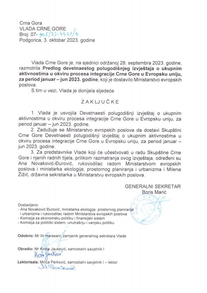 Деветнаести полугодишњи извештај о укупним активностима у оквиру процеса интеграције Црне Горе у Европску унију, за период јануар-јун 2023. године - закључци