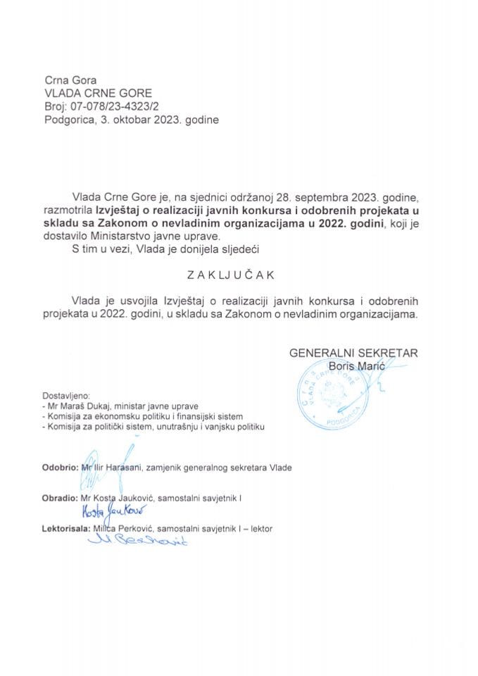 Извјештај о реализацији јавних конкурса и одобрених пројеката у складу са Законом о невладиним организацијама у 2022. години - закључци