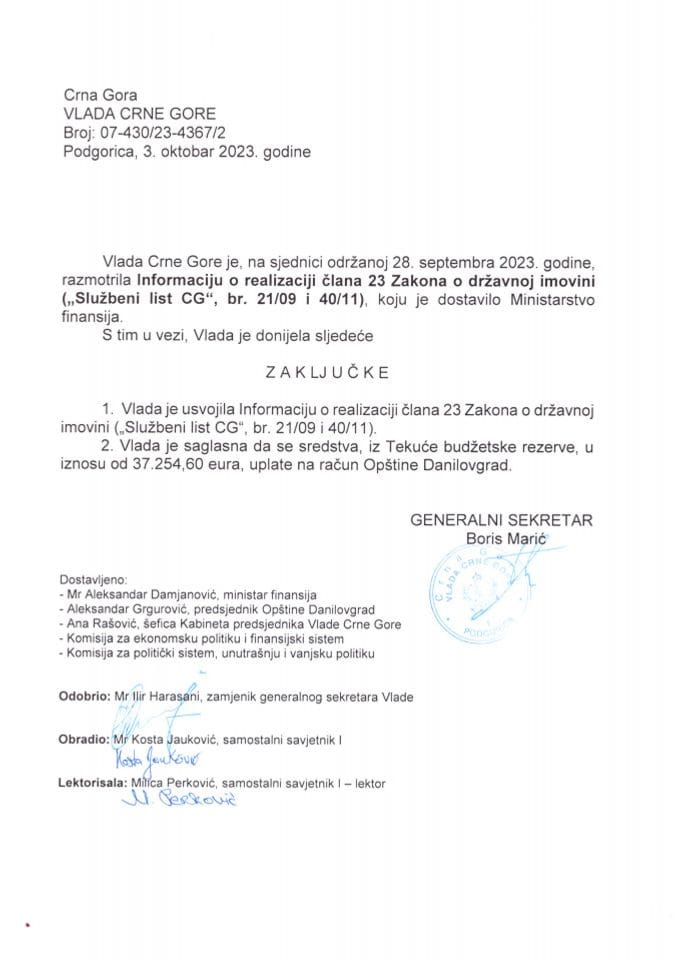 Информација о реализацији члана 23 Закона о државној имовини („Службени лист ЦГ“, бр. 21/09 и 40/11) (без расправе) - закључци