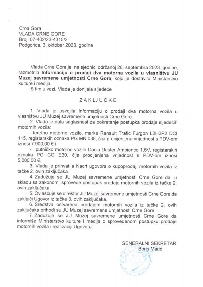 Информација о продаји два моторна возила у власништву ЈУ Музеј савремене умјетности Црне Горе с Нацртом уговора о купопродаји (без расправе) - закључци