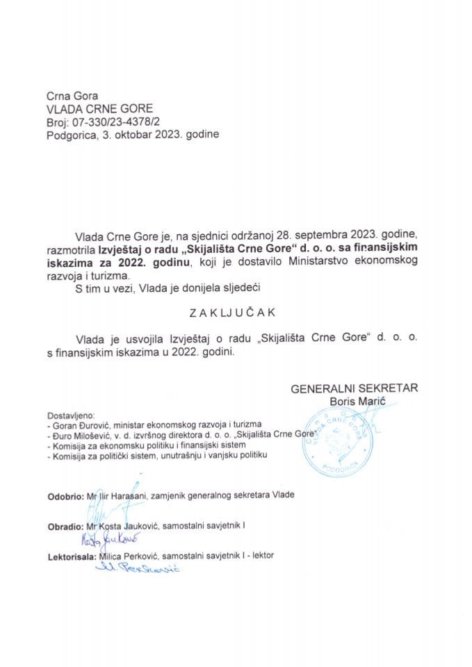 Извјештај о раду „Скијалишта Црне Горе“ д.о.о. са финансијским исказима за 2022. годину (без расправе) - закључци