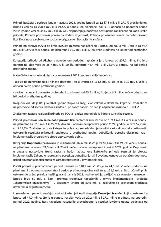 Саопштење - Извјештај о извршењу буџета Црне Горе за период јануар – август 2023. године