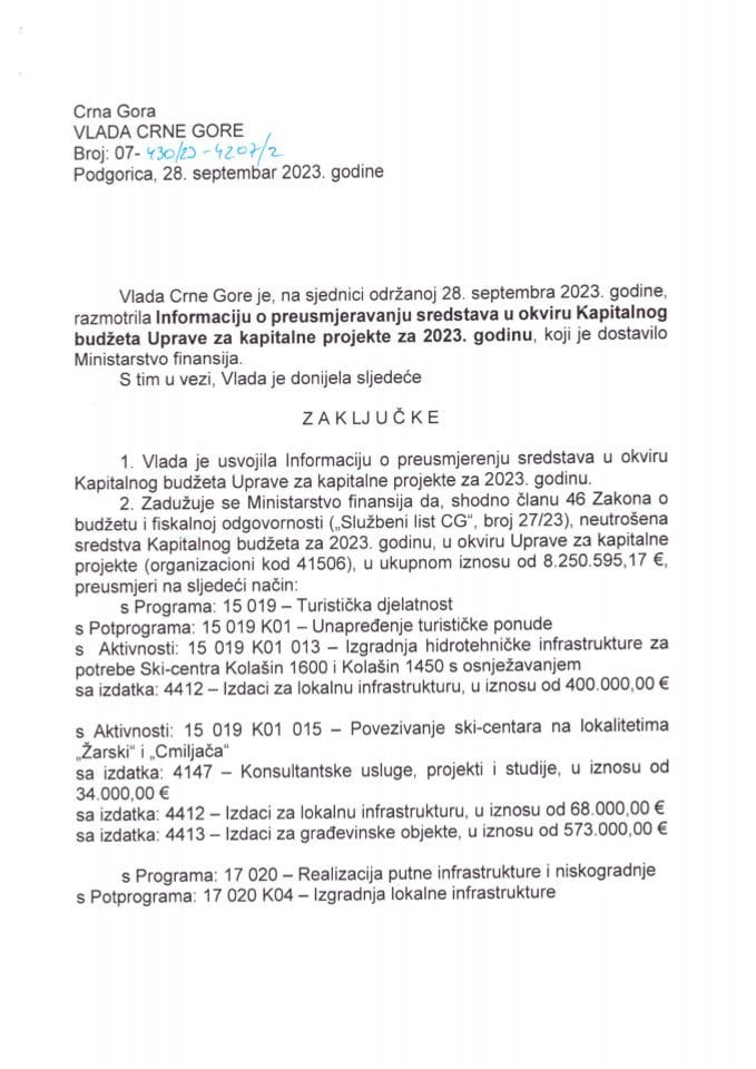 Информација о преусмјеравању средстава у оквиру Капиталног буџета Управе за капиталне пројекте за 2023. годину (без расправе) - закључци