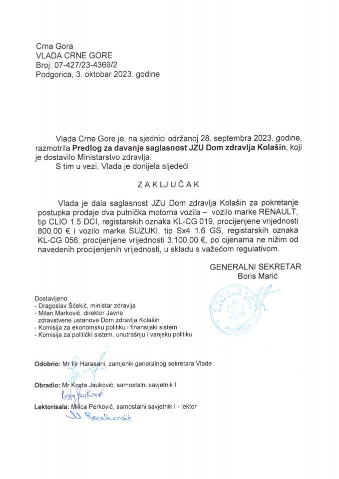 Predlog za davanje saglasnost JZU Dom zdravlja Kolašin za pokretanje postupka prodaje dva putnička motorna vozila, vozilo marke RENAULT, tip CLIO 1.5 DCI i vozilo marke SUZUKI, tip Sx4 1.6 GS - zaključci