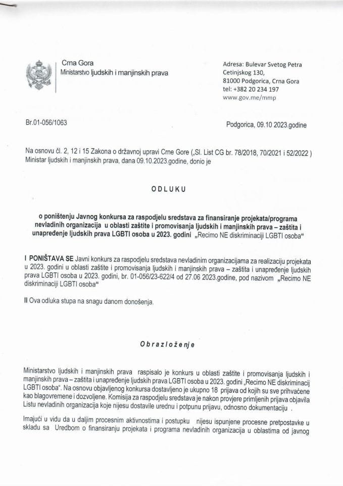 Odluka o poništenju Javnog konkursa za raspodjelu sredstava NVO oblast