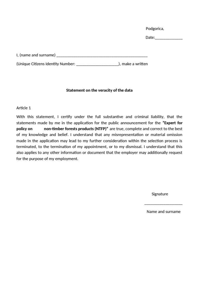 Аннеx 2 - Статемент - Јавни оглас за експерта за недрвне шумске производе у оквиру пројекта „Интегрисање биодиверзитета у секторске политике и праксе и јачање заштите кључних тачака биодиверзитета