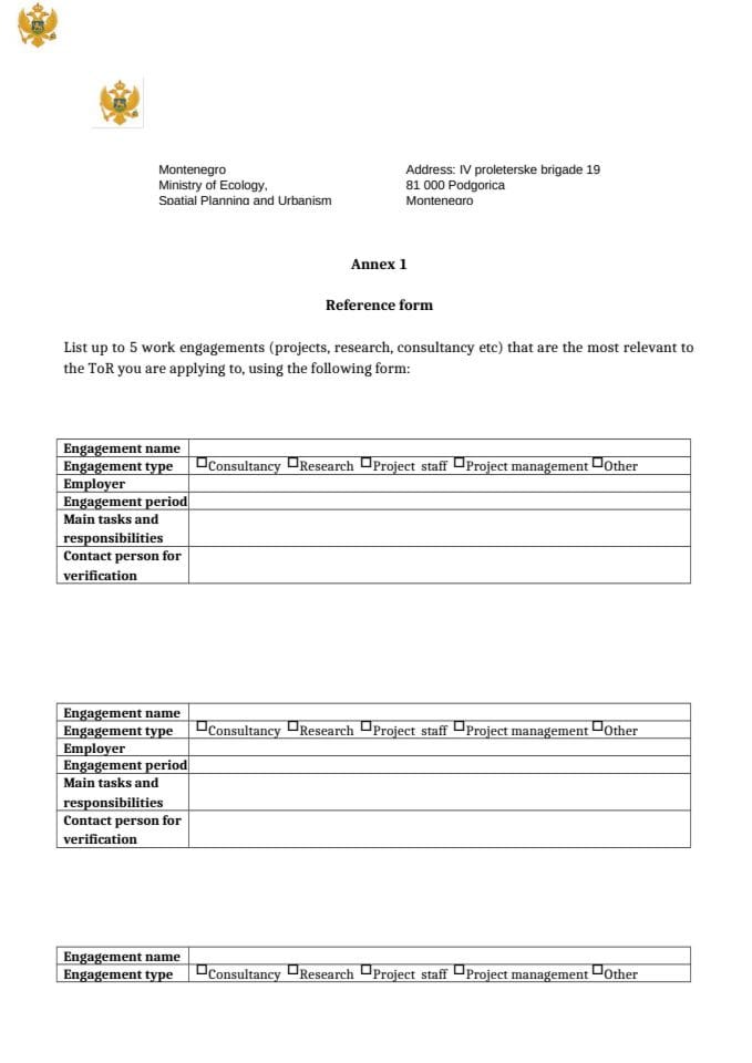 Аннеx 1 - Референце форм - Јавни оглас за експерта за недрвне шумске производе у оквиру пројекта „Интегрисање биодиверзитета у секторске политике и праксе и јачање заштите кључних тачака биодиверзитета