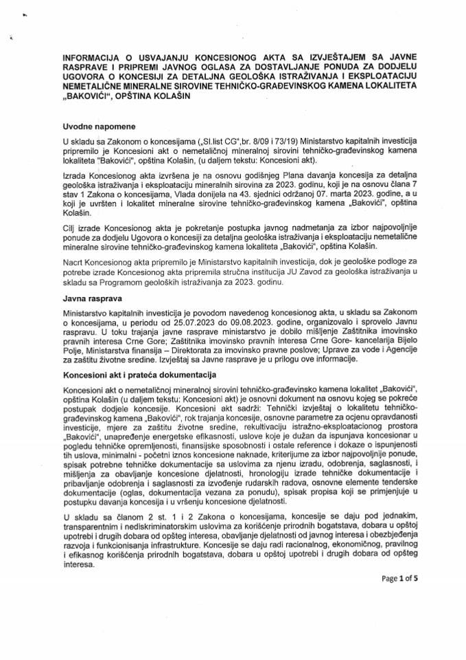 Informacija o usvajanju koncesionog akta sa Izvještajem sa javne rasprave i pripremi Javnog oglasa za dostavljanje ponuda za dodjelu ugovora o koncesiji za detaljna geološka istraživanja i eksploataciju nemetalične mineralne sirovine (bez rasprave)