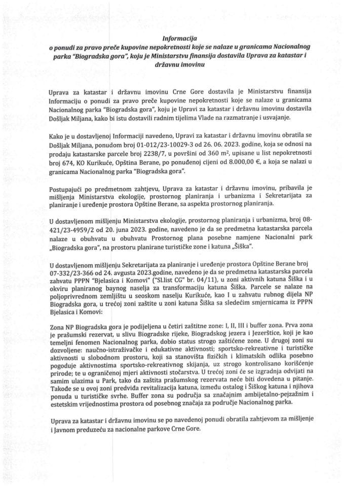 Информација о понуди за право прече куповине непокретности које се налазе у границама Националног парка „Биоградска гора“ (без расправе)