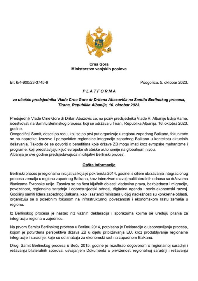 Предлог платформе за учешће предсједника Владе Црне Горе др Дритана Абазовића на Самиту Берлинског процеса, Тирана, Република Албанија, 16. октобар 2023. године (без расправе)