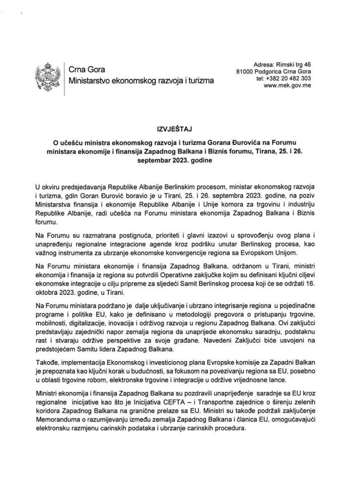 Izvještaj o učešću ministra ekonomskog razvoja i turizma Gorana Đurovića na Forumu ministara ekonomije i finansija Zapadnog Balkana i Biznis forumu, Tirana, 25. i 26. septembar 2023. godine