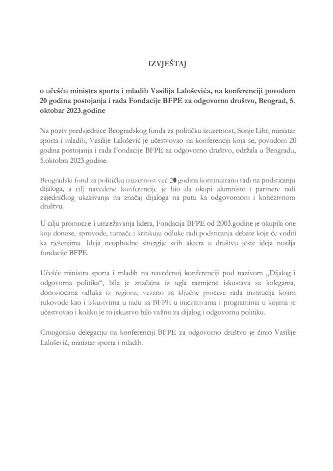 Izvještaj o učešću ministra sporta i mladih Vasilija Laloševića, na konferenciji povodom 20 godina postojanja i rada Fondacije BFPE za odgovorno društvo, Beograd, 5. oktobar 2023. godine