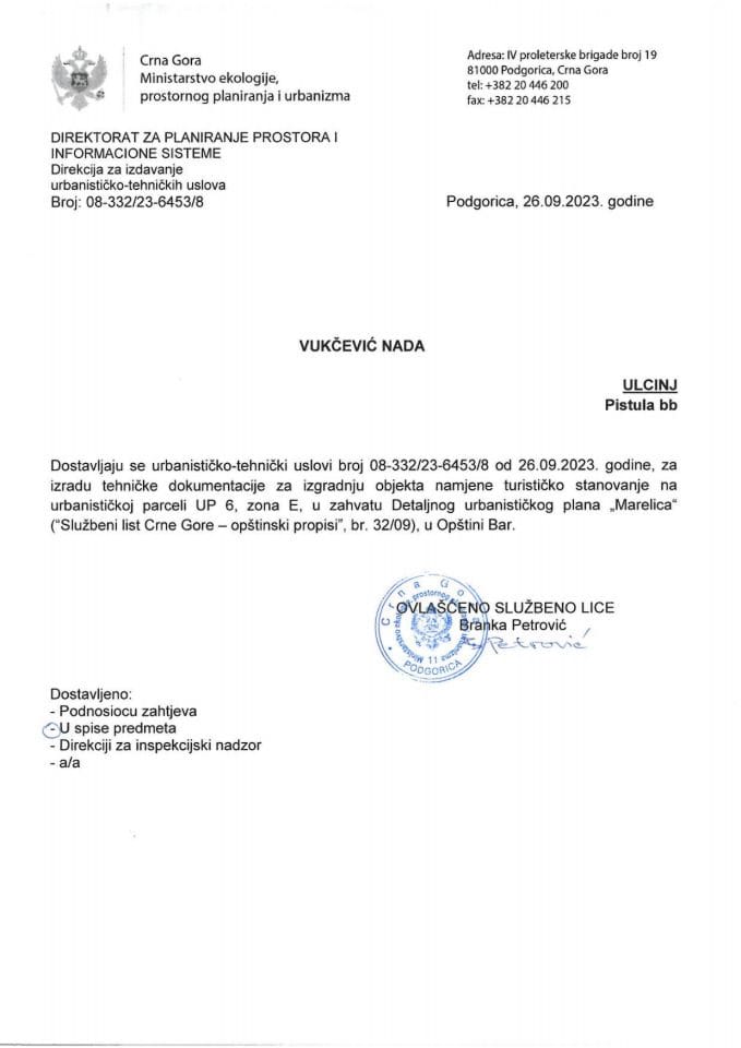 Izdati urbanističko-tehnički uslovi - 08-332-23-6453-8 VUKCEVIC NADA