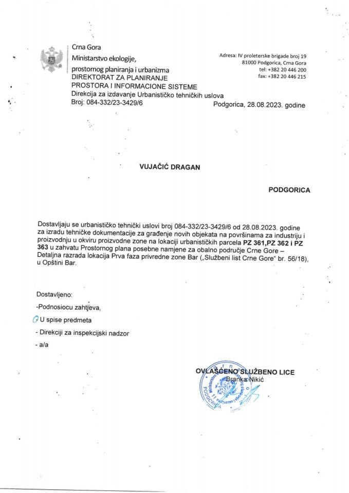 Izdati urbanističko-tehnički uslovi - 084-332-23-3429-6 VUJACIC DRAGAN