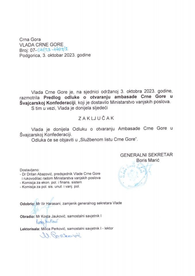 Predlog odluke o otvaranju Ambasade Crne Gore u Švajcarskoj Konfederaciji - zaključci
