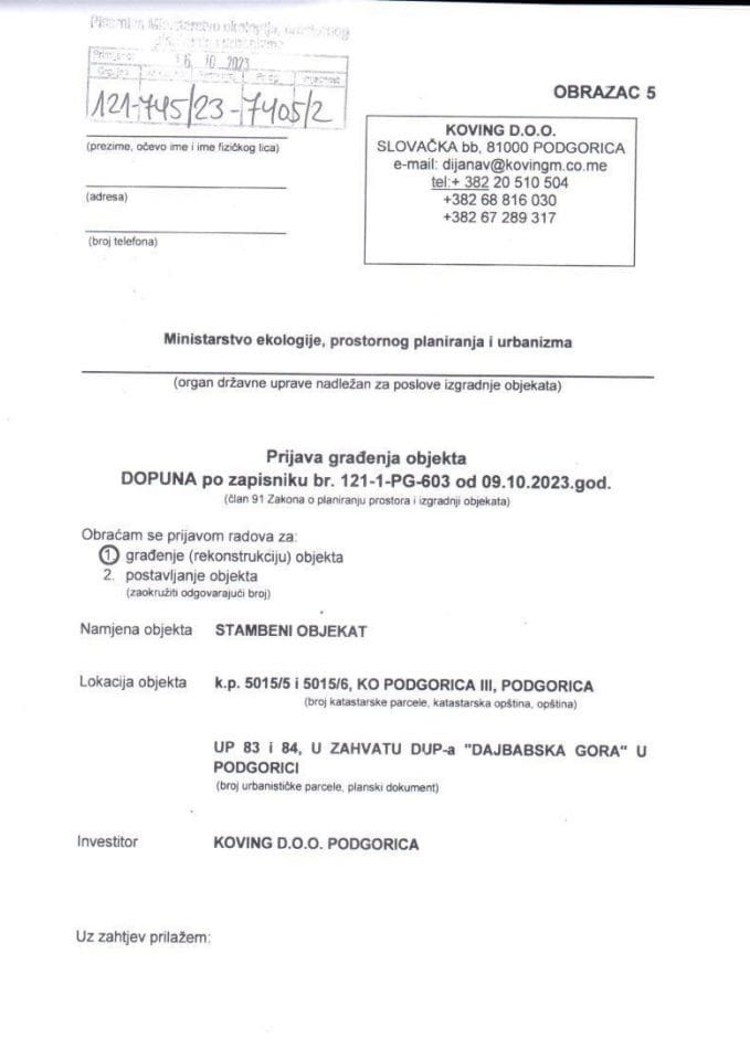 Prijava građenja objekta - 121-745-7405-2 KOVING