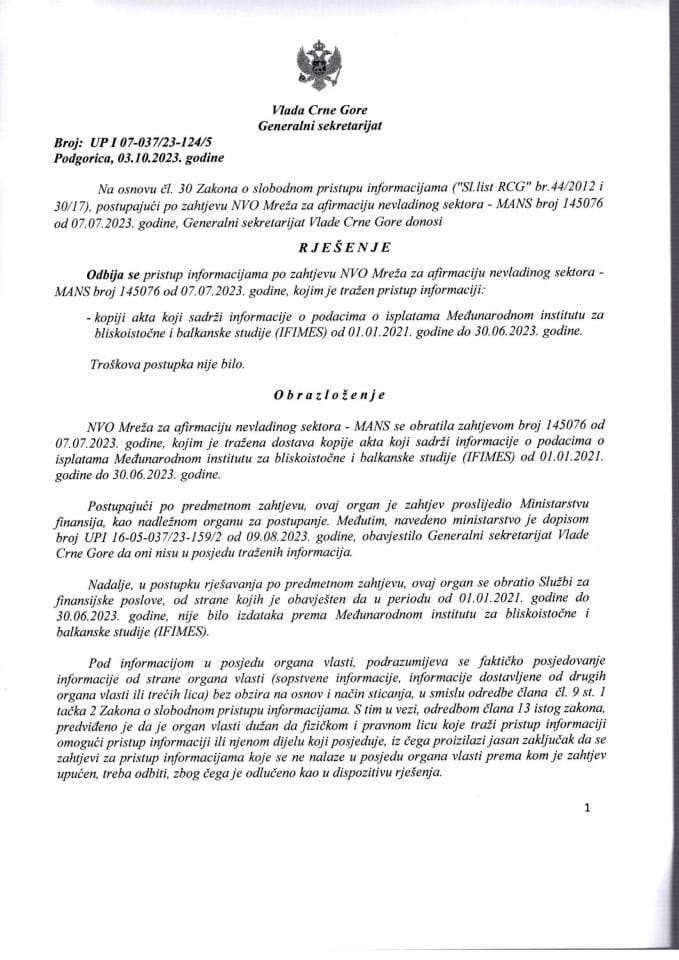Informacija kojoj je pristup odobren po zahtjevu NVO Mreže za afirmaciju nevladinog sektora MANS od 07.07.2023. godine – UPI 07-037/23-124/5