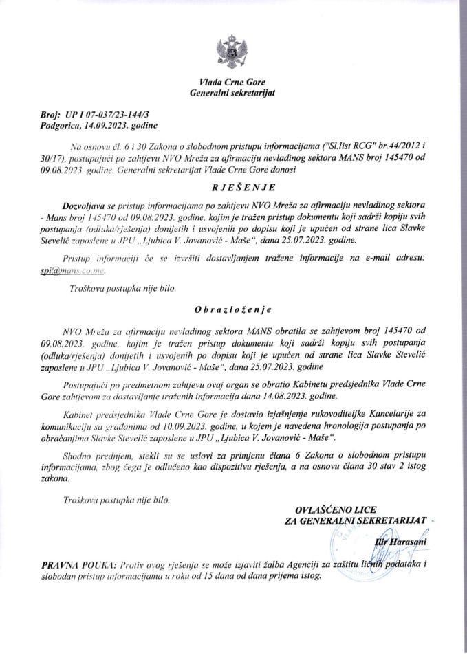 Informacija kojoj je pristup odobren po zahtjevu NVO Mreže za afirmaciju nevladinog sektora MANS od 09.08.2023. godine – UPI 07-037/23-144/3