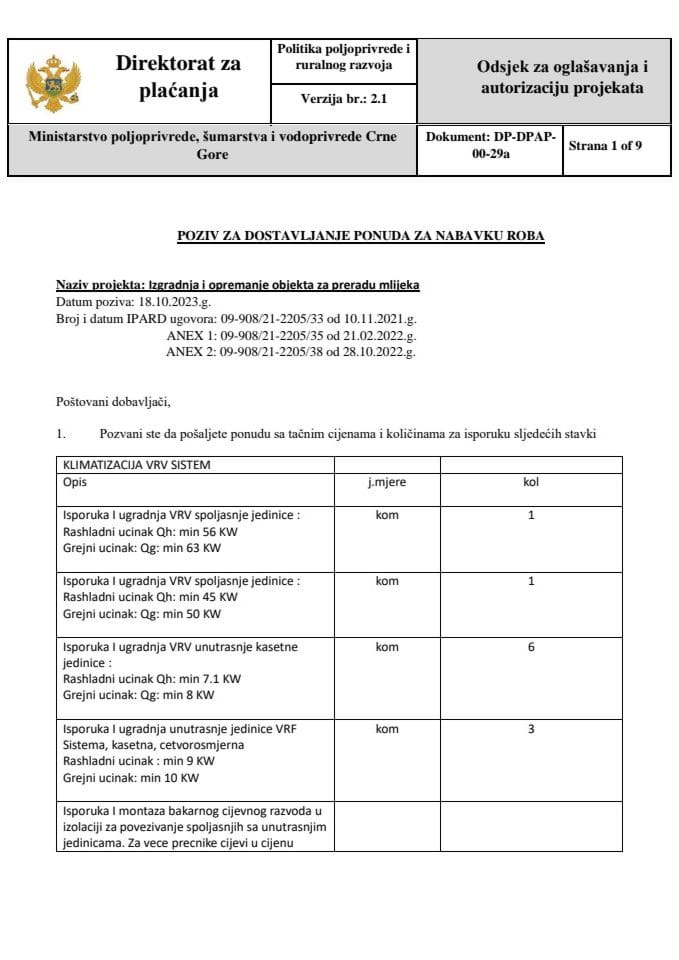 Poziv za dostavljanje ponuda za nabavku robe - klime i ventialcija