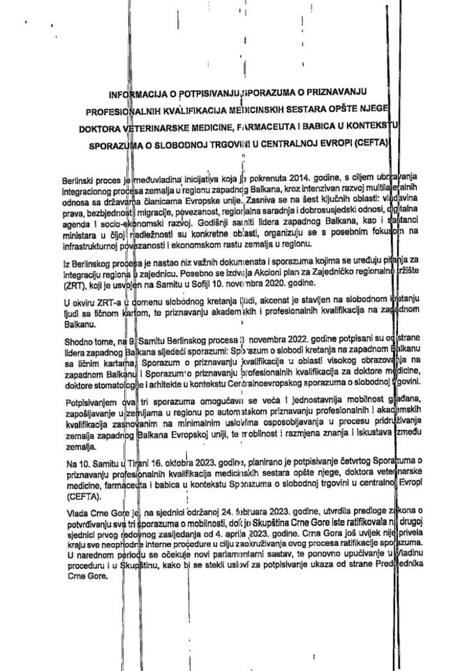 Informacija o potpisivanju Sporazuma o priznavanju profesionalnih kvalifikacija medicinskih sestara opšte njege, doktora veterinarske medicine, farmaceuta i babica u kontekstu Sporazuma o slobodnoj trgovini u Centralnoj Evropi (CEFTA)