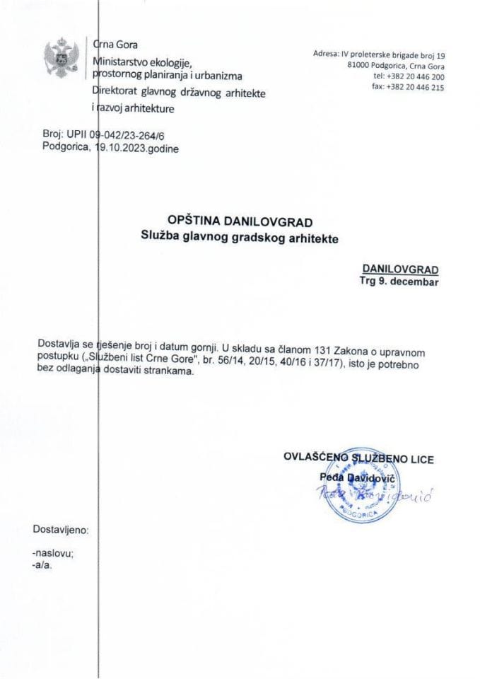 Rješenja po žalbi glavnog državnog arhitekte - 19.10.2023 Rješenje po žalbi -Zastitnik imovinsko-pravnih interesa Crne Gore -Opština Danilovgrad