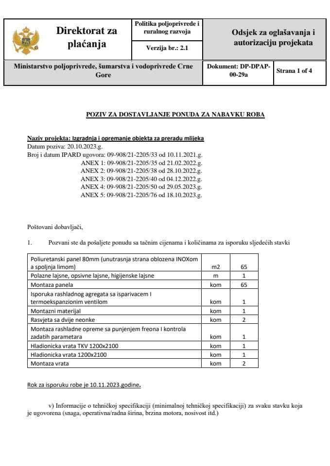 Poziv za dostavljanje ponuda za nabavku robe -poliuretanski paneli