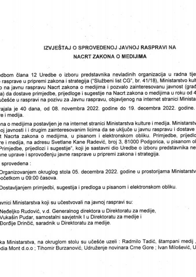 Izvještaj o sprovedenoj javnoj raspravi na Nacrt zakona o medijima