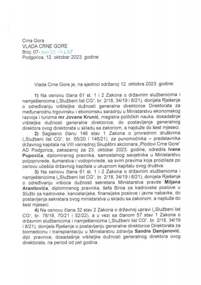 Kadrovska pitanja sa 69. sjednice Vlade Crne Gore - zaključci