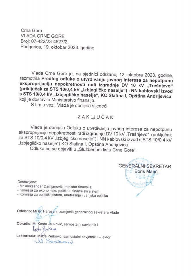 Predlog odluke o utvrđivanju javnog interesa za nepotpunu eksproprijaciju nepokretnosti radi izgradnje DV 10 KV Trešnjevo (priključak za STS 10/0,4 KV „Izbjegličko naselje“) - zaključci